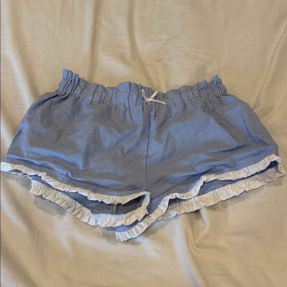 Blue and White Ruffle Trim Women's Shorts